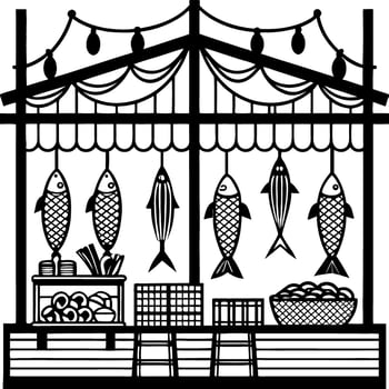 Traditional Fish Market Stall with Hanging Fish and Fresh Seafood for Culinary Designs vector