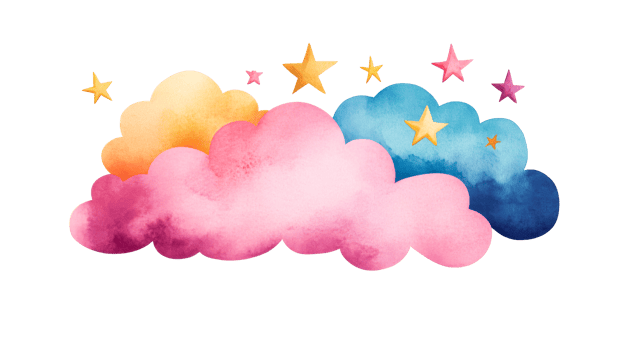 Colorful clouds and stars watercolor drawing, cut out transparent png