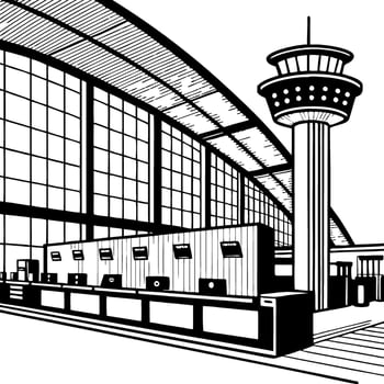 Modern Airport Terminal Building Interior with Control Tower and Check-In Counters for Design vector
