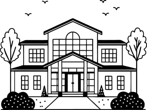 Elegant Modern House Illustration with Lush Trees and Birds Ideal for Coloring Books vector