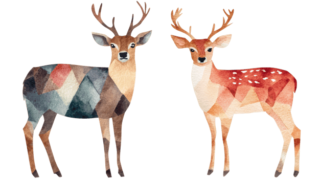 Two geometric patterned deers on a black background, cut out transparent png