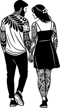 Stylish Couples Walking Together with Intricate Tattoos for Fashion and Relationship Themes vector