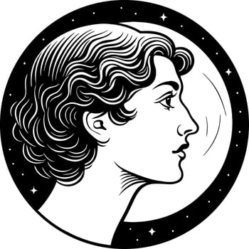 Elegant Profile of a Woman Surrounded by Stars and Moon for Tattoo or Coloring Book Design vector