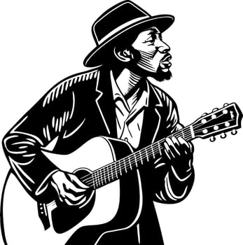 Vintage Black Man Playing Acoustic Guitar in a Stylish Outfit for Music and Art Design vector