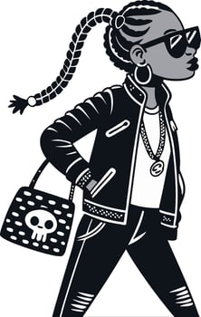 Confident Young Woman in Sunglasses and Leather Jacket with Braided Hair and Stylish Handbag vector