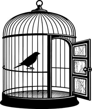 Black Birdcage with Open Door and Silhouette of Canary Ideal for Tattoo Designs and Illustrations vector