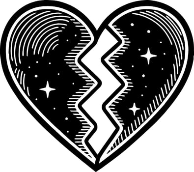 Broken Heart Illustration with Stars and Waves for Tattoo Designs and Creative Projects vector
