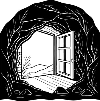 Open Doorway Through Rock Cave Surrounded by Nature Elements Ideal for Tattoo and Coloring Design vector