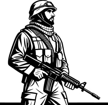 Detailed Black and White Military Soldier Illustration for Tactical Designs vector