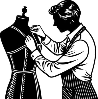 Tailor Adjusting Dress on Mannequin Vintage Style Fashion Illustration vector