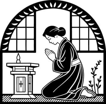 Serene Asian Woman Praying in Traditional Robes Art for Meditation and Spirituality Design vector