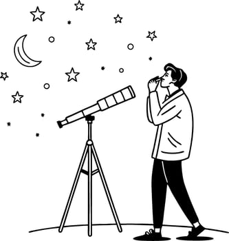 Young Astronomer Observing Stars and Moon with Telescope Illustration vector