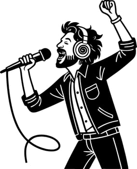 Energetic Singer with Headphones and Microphone in Action Celebrating Musical Performance vector