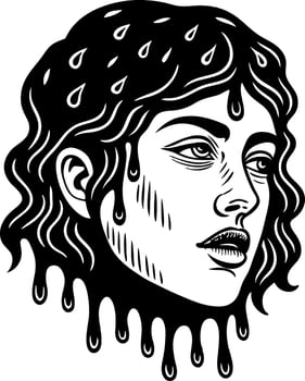 Melancholic Woman with Dripping Hair Ink Illustration for Tattoo Design and Art Projects vector