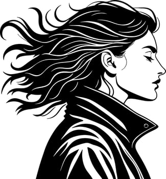 Profile Silhouette of a Woman with Flowing Hair in a Stylish Jacket for Modern Designs vector