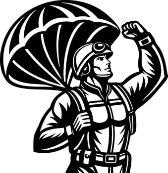Heroic Paratrooper with Outstretched Arm Symbolizing Courage and Adventure vector