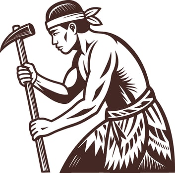 Strong Man Working with Hammer and Pickaxe in Traditional Attire Depicting Labor and Craftsmanship vector