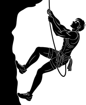 Dynamic Male Rock Climber Climbing Vertical Cliff Face with Safety Harness and Rope vector