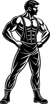 Strong Muscular Man in Overalls Pose for Fitness Branding and Tattoo Design vector
