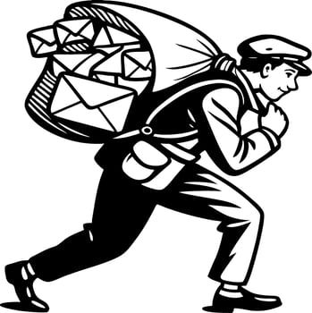 Vintage Postman Carrying Mailbag Full of Letters in Classic Monochrome Style vector