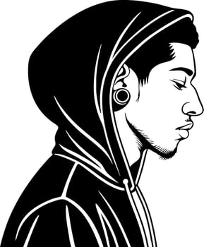 Stylized Profile of a Young Man in a Hoodie with Earrings for Modern Tattoo Design and Art vector