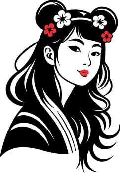 Elegant Asian Woman Illustration with Floral Accents for Fashion and Beauty Projects vector