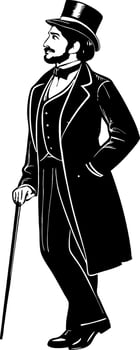 Elegant Victorian Gentleman in Formal Attire With Cane and Top Hat for Vintage Style Design vector