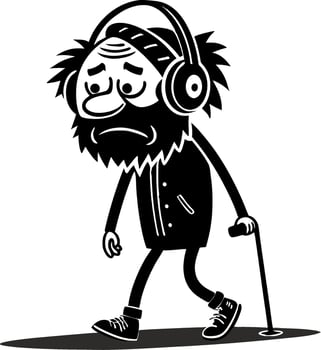 Sad Cartoon Character with Headphones Walking with Cane in Monochrome Style vector