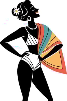 Elegant Woman in Bikini with Colorful Wrap and Floral Hair Accent for Summer Themes vector