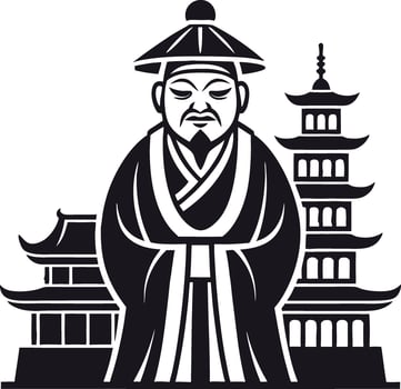 Elegant Asian Scholar Figurine with Traditional Architecture Elements for Cultural Design vector
