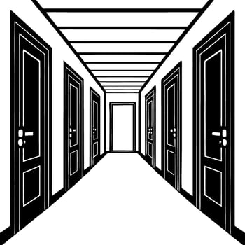 Long Perspective Hallway with Multiple Black Doors and Empty Center for Background Use vector
