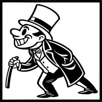 Vintage Dapper Man in Top Hat and Tails with Cane for Print Design and Coloring Pages vector