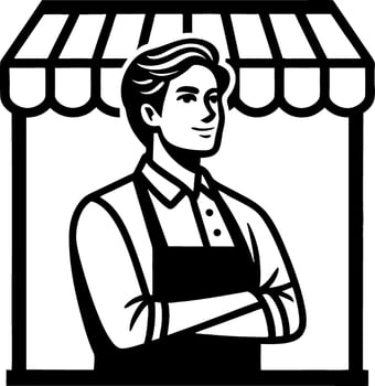 Friendly Shopkeeper in Apron Standing Proudly at Storefront for Marketing Concepts vector
