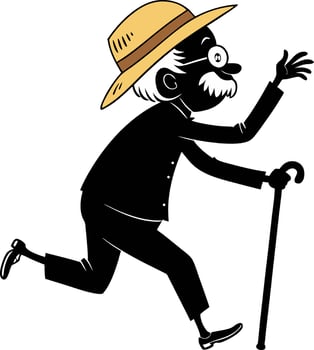 Elderly Man Running with Cane and Straw Hat Cartoon Character Illustration vector