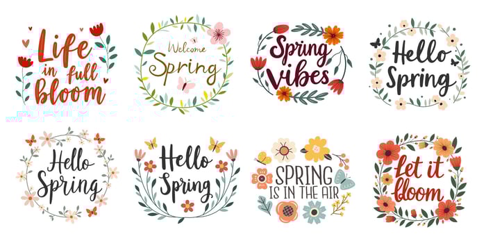 Spring quote set with floral wreaths and hand-drawn lettering. Colorful flower frames and typography phrases like Hello Spring and Let it bloom. Perfect for greeting cards, prints, and decor. vector