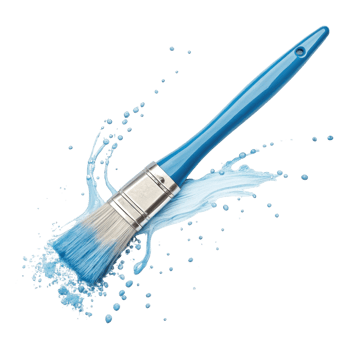 vibrant blue paintbrush splashes paint, creating dynamic and artistic scene. brush is surrounded by droplets and splatters of blue paint png