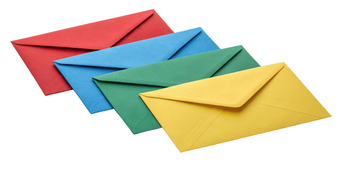 Colorful envelopes arranged in row, showcasing red, blue, green, and yellow hues, perfect for sending letters or invitations png