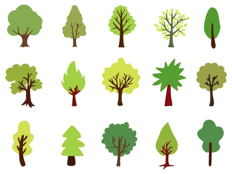 Collection of green flat trees Icon silhouette isolated on white background. vector