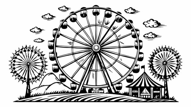 Black and White Ferris Wheel Illustration with Carnival Tent and Cloudy Sky vector