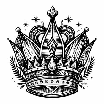 Ornate Vintage Crown with Jewels and Stars in Black and White Illustration vector
