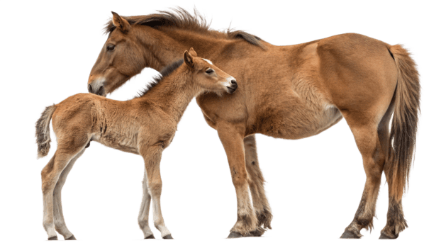 A horse and her foal are standing next to each other png