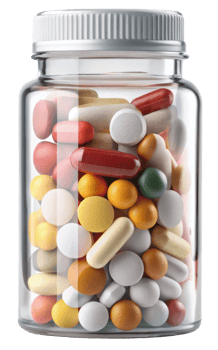 Assorted colorful pills in a glass medicine jar isolated on a transparent background png