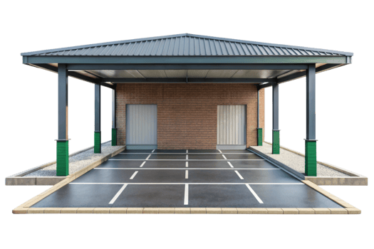 Spacious carport with a roof and two entrances isolated on a transparent background png