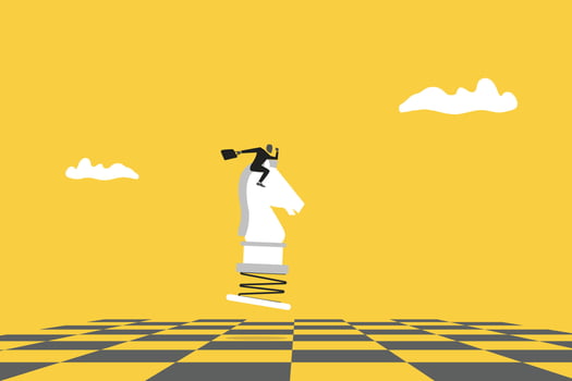 Businessman riding chess knight to win chess victory. concept of Strategic move, leadership to lead team with strategy, challenge to success, courage and confidence to win competition vector