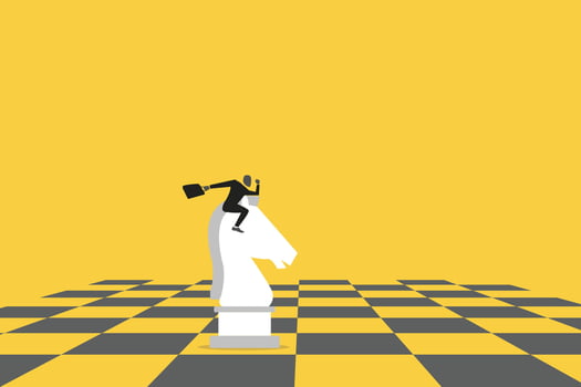 Businessman riding chess knight to win chess victory. concept of Strategic move, leadership to lead team with strategy, challenge to success, courage and confidence to win vector