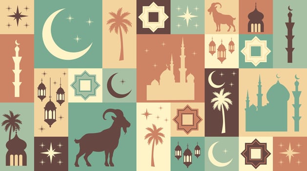 Islamic festive banner with mosque, crescent moon, lanterns, stars, goat and palm tree icons. Celebrates Eid al-Adha traditions, spirituality, culture and religious symbolism vector
