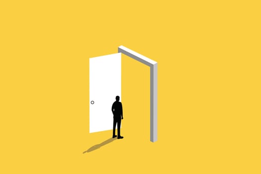 Business opportunity or career success concept with man walking enter door. Symbol of courage, ambition vector