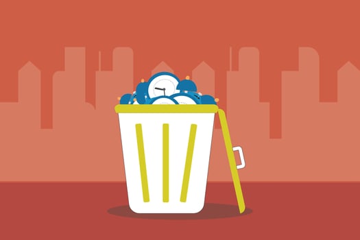 Throw away time or clock into junk basket bin. concept of productivity, expired, spoiled product. vector