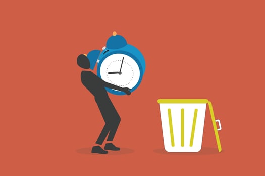 Businessman throw away time or clock into junk basket bin. concept of organization, productivity, management vector