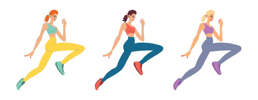 Set of Athletic Women Running in Sportswear. Clipart of Dynamic Fitness Art of Redhead, Brunette, and Blonde Females in Motion. Healthy Lifestyle, Active Training, Sport. Isolated on White background vector